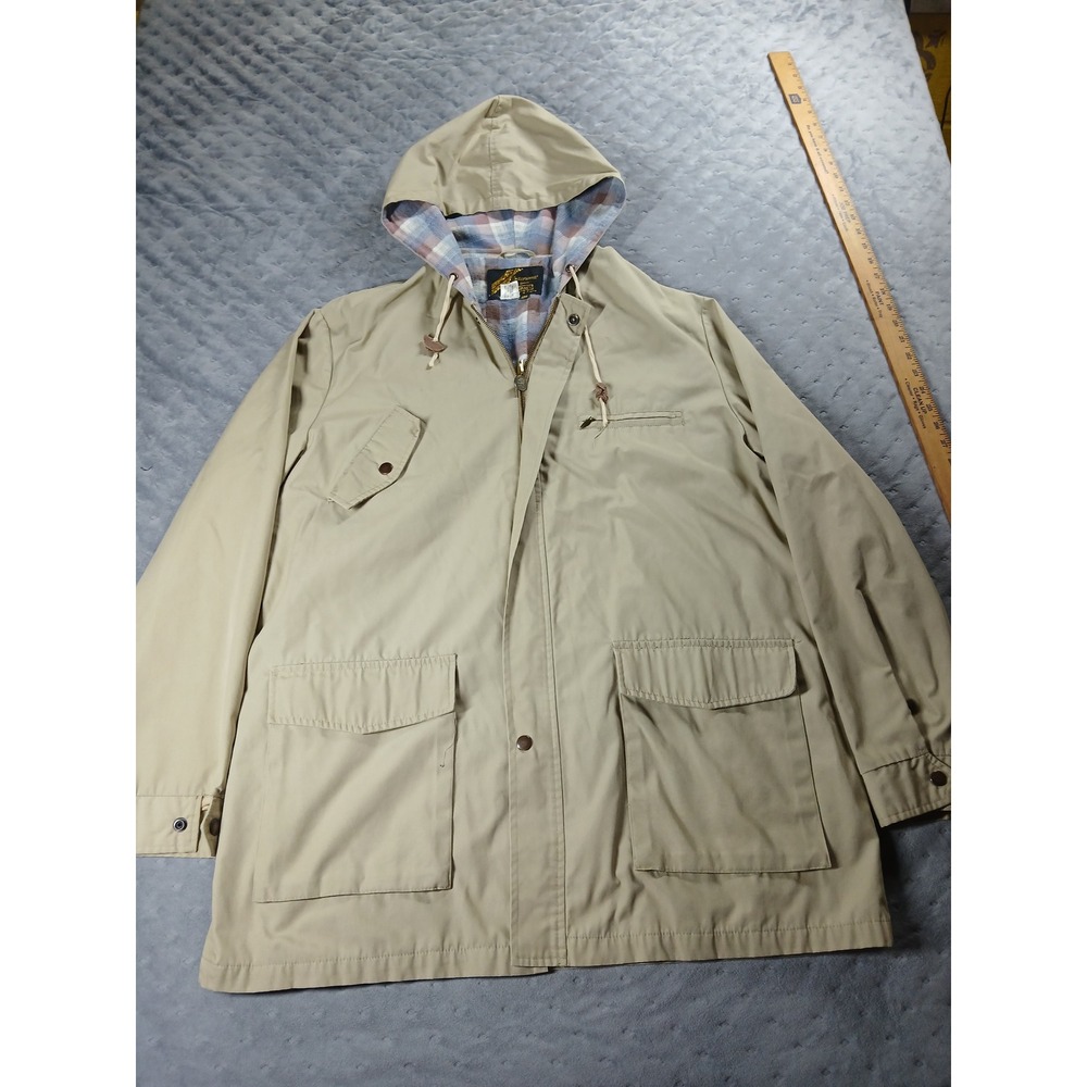 Vintage Sears Outerwear Tan Khaki Hooded Field Jacket Plaid Lined XL Tall